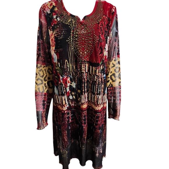 Caleaas Womens Plus Size 3X Red Long Sleeve Midi Dress Grommets & Jewel Neckline - Picture 4 of 12